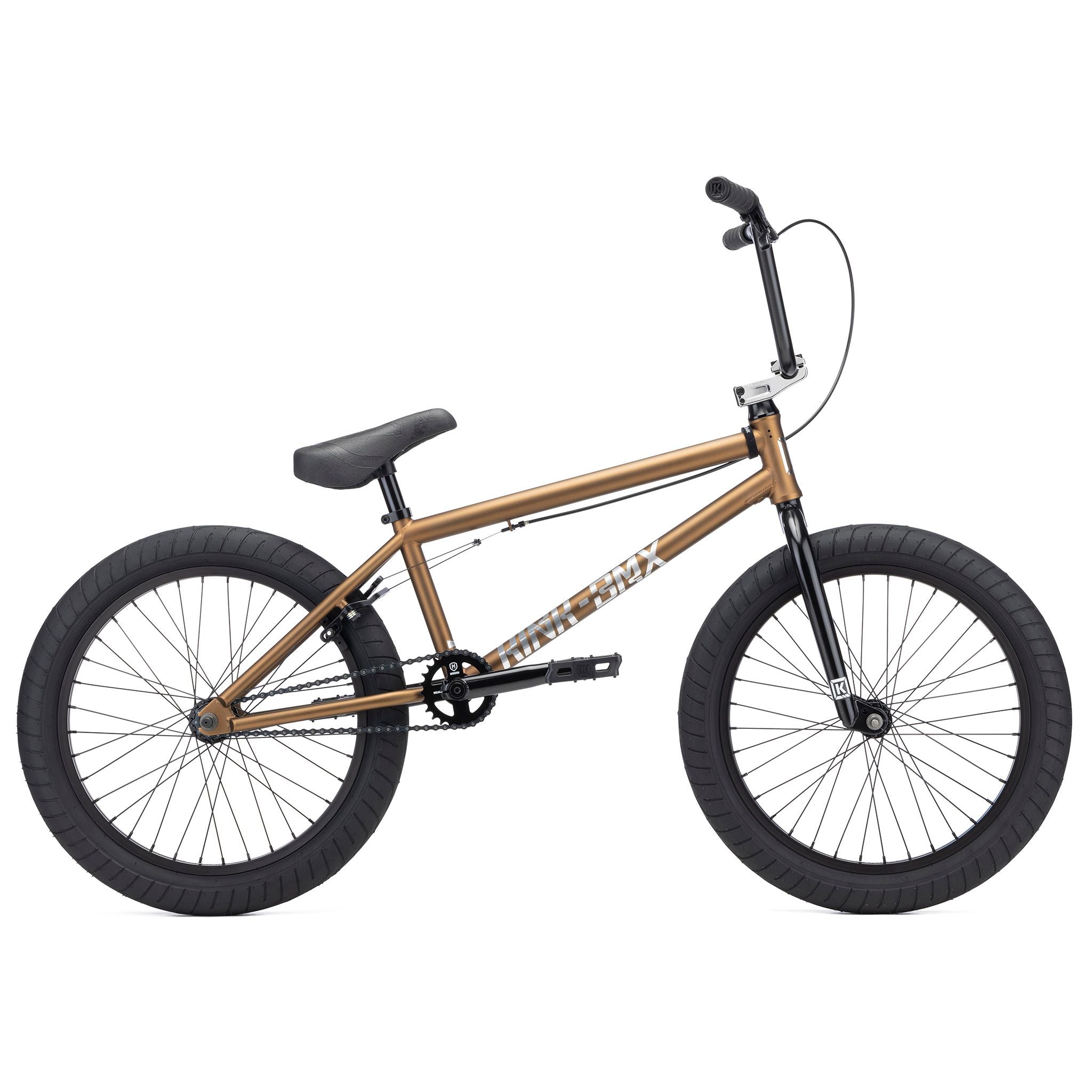 The Kink Launch 20 Inch Bike (2026) showcases Mission parts, with a stylish brown frame, black handlebars, seat, and tires on a crisp white background.