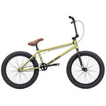 The Kink Gap XL 20 Inch Bike (2026) in yellow features a robust Chromoly frame, thick black tires, a brown seat, and sleek black handlebars, all set strikingly against a white background.