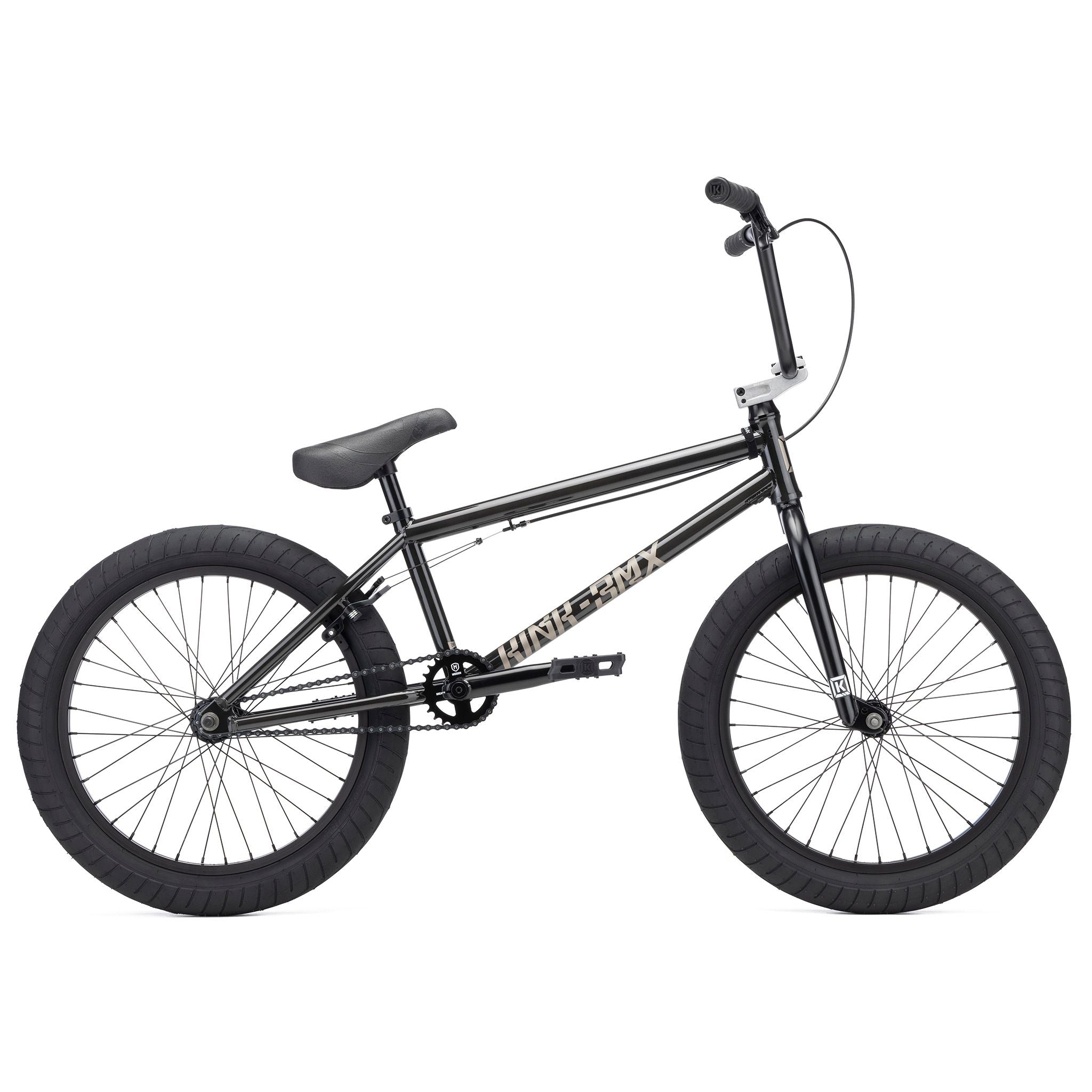 The Kink Launch 20 Inch Bike (2026) in black, featuring thick tires, a padded seat, and a straight handlebar, is shown against a white background.