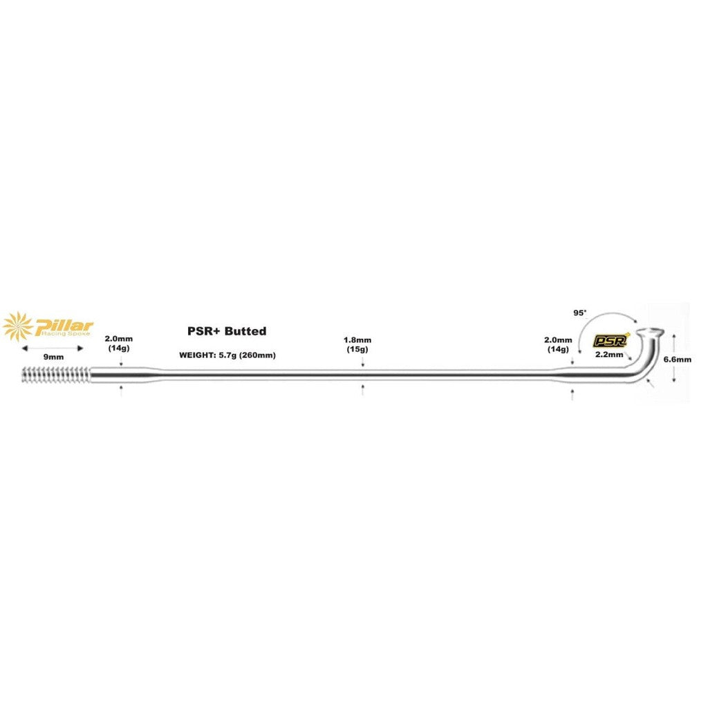 Diagram of a Pillar PSR Triple Butted Spoke, illustrating measurements: 9mm thread end, 260mm length, tapered thickness ranging from 2.0mm to 1.8mm back to 2.0mm, and a head end of 6.6mm with a bend at 95°. Total weight: 5.7g each.