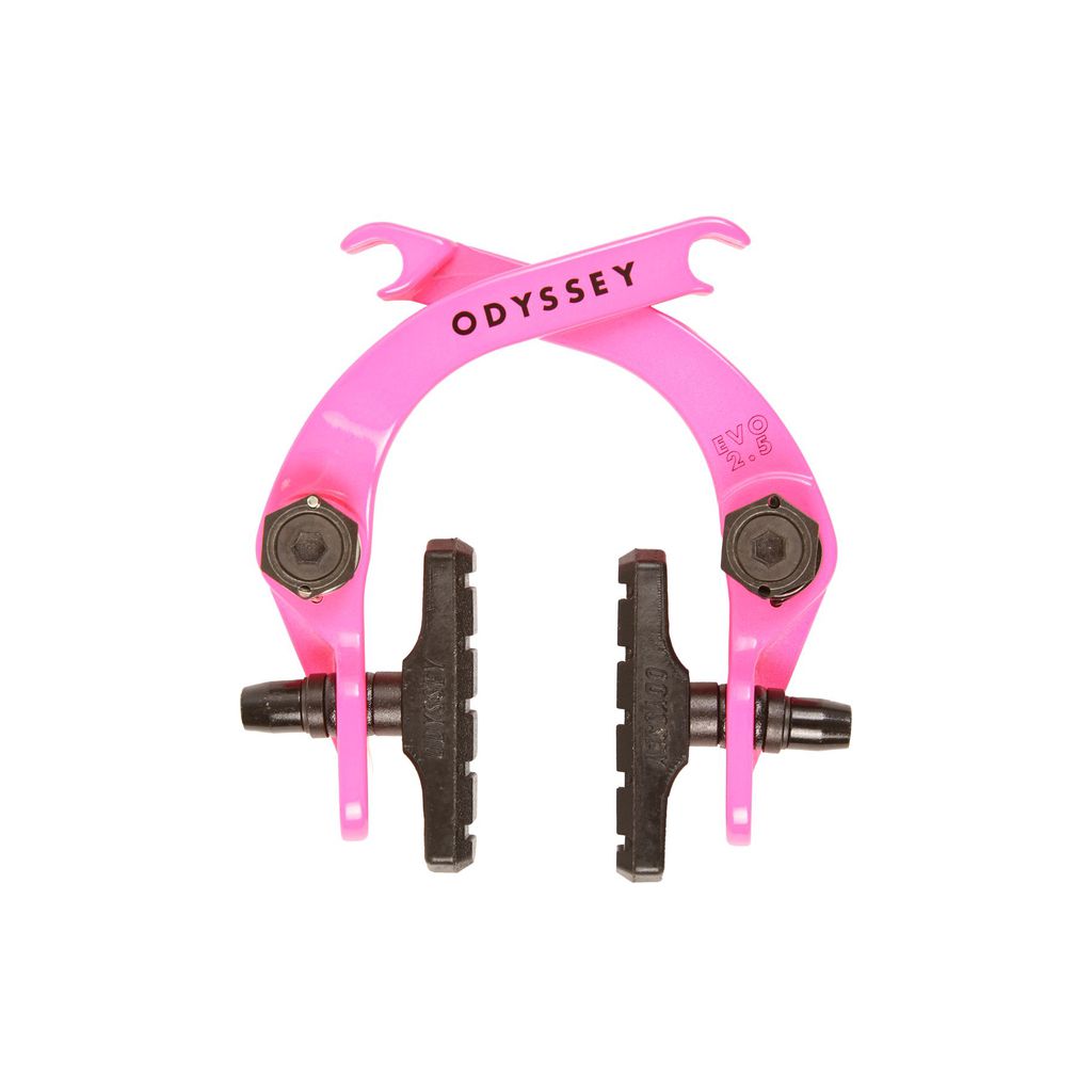 The Odyssey Evo 2.5 Brakes, featured on the Pink Odyssey bicycle brake caliper, come with black pads and modular hardware to deliver reliable performance and the aluminum strength necessary for optimal durability.