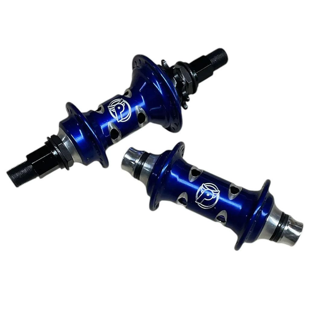 The PROFILE Limited Edition Cat's Eye Hub Set (LHD) features two blue hubs with logos, flanges, and hollow axles, set against a white background.