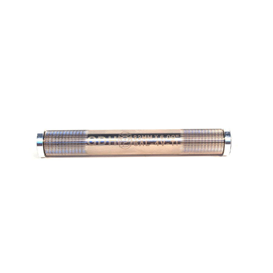 A cylindrical metal filter featuring perforated sides with engraved text at the center is paired with durable 22mm GDH Ti Bolts for a secure fit.