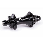 Image of a black Radio Sonar Rear Hub featuring multiple spoke holes and a freehub body for a cassette. This MTB-specific hub showcases precision machining and an anodized finish.