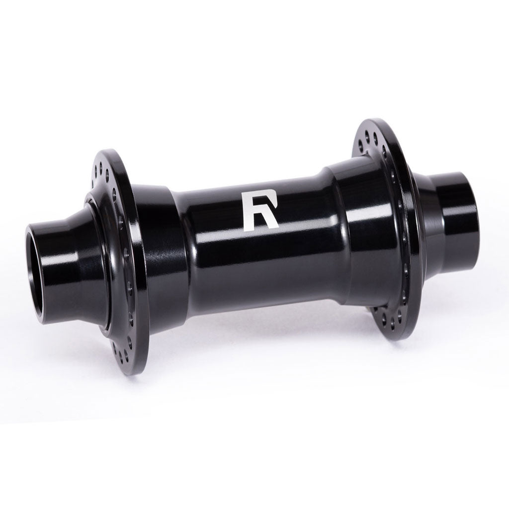 A black cylindrical Radio Sonar Front Hub (32 Hole) crafted from 606-T6 alloy, with flanges on both ends featuring multiple spoke holes and a brand logo printed in white, designed for street/slopestyle/dirt riding.