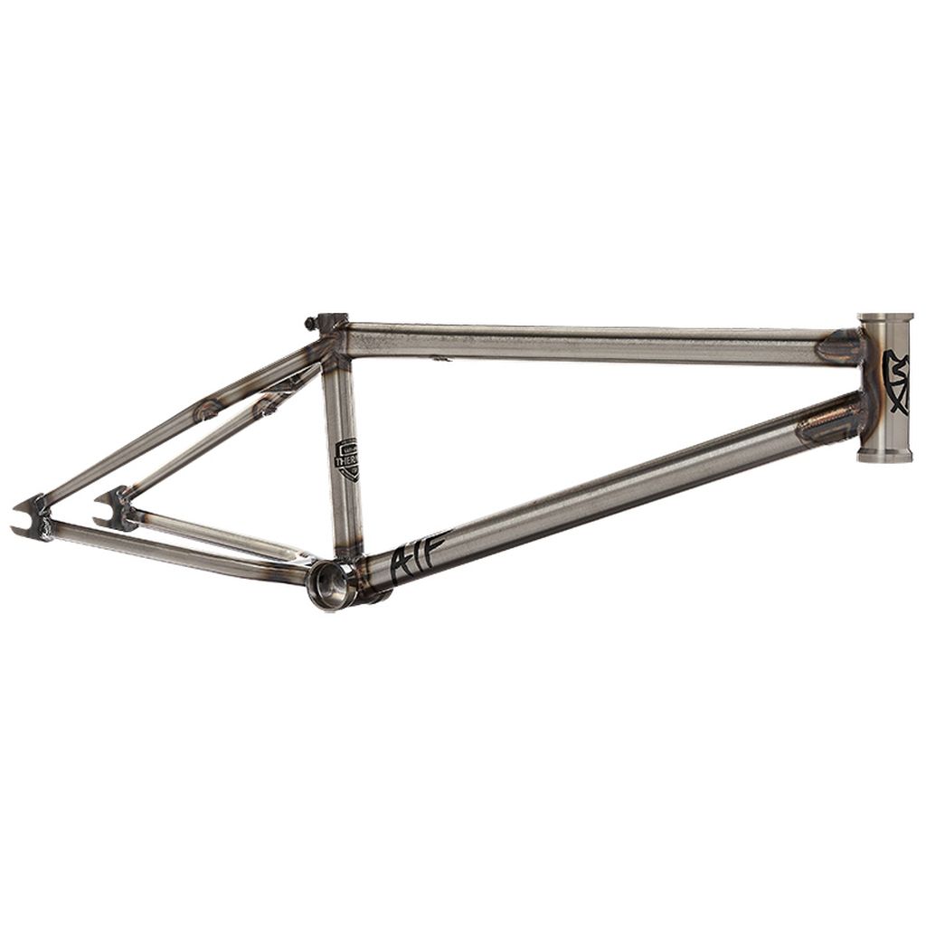 A chrome-colored S&M ATF 22 Inch BMX bike frame, made in the USA, with no wheels or additional components attached.