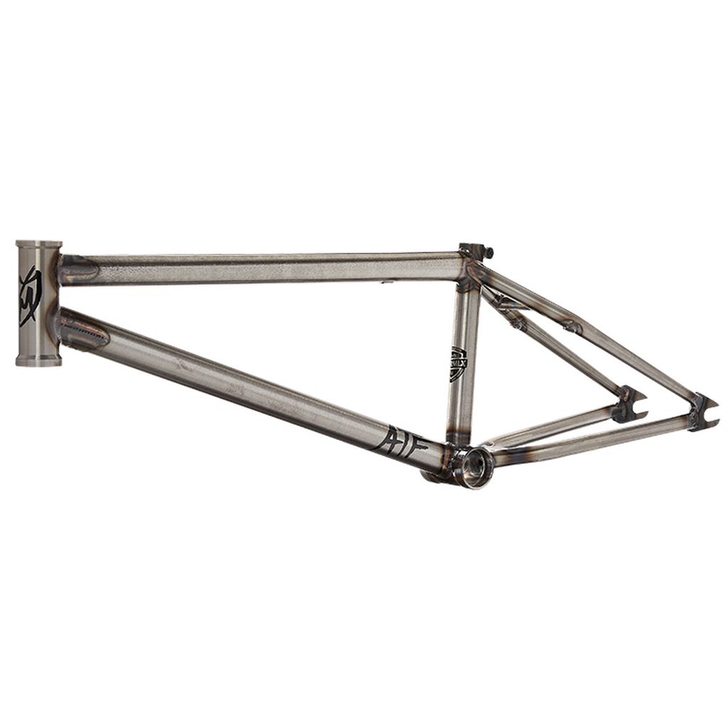 The S&M ATF 22 Inch Frame is a USA-made steel BMX bike frame with a metallic finish, featuring multiple connecting tubes and a logo near the front tube. It is designed to support 22-inch wheels.