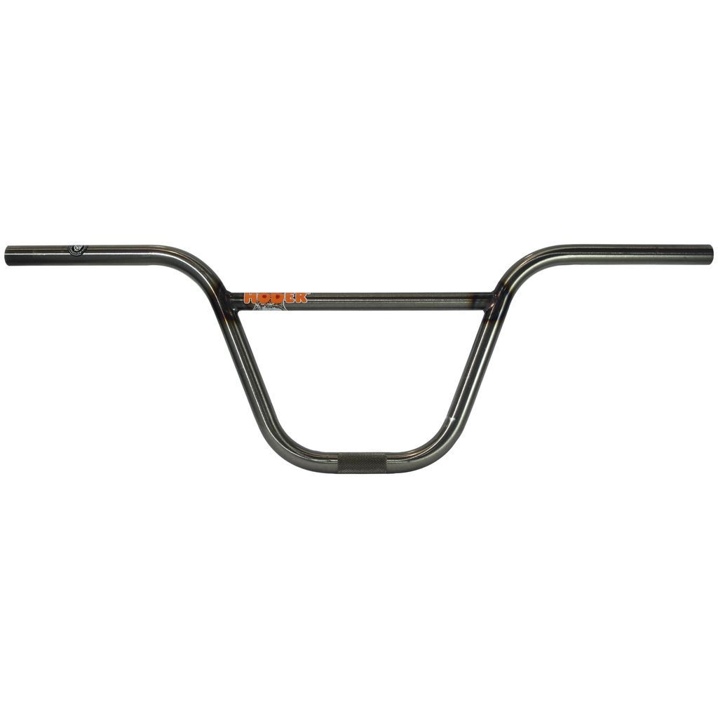 The S&M Hoder High Bar is a chrome BMX handlebar that showcases an orange "Height" logo at its center and is expertly crafted from heat-treated CrMo for enhanced durability, exemplifying the Hoder High standard.