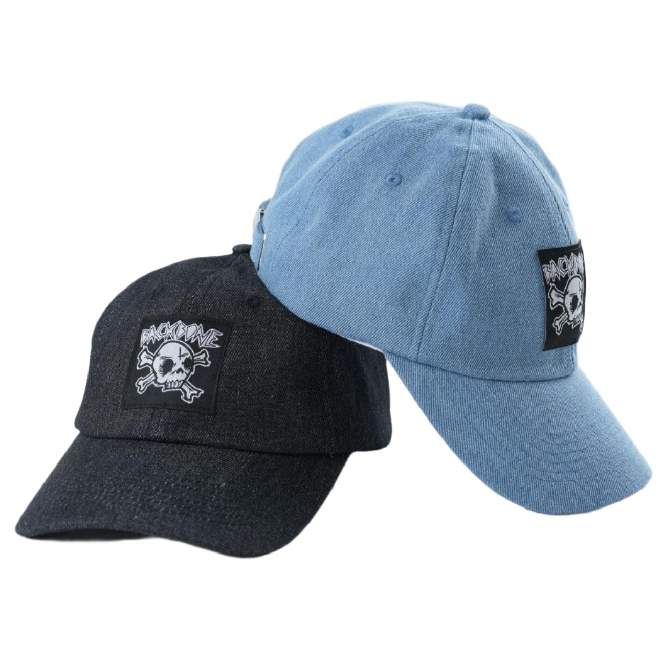 Two Backbone Real Deal 6 Panel Hats feature the Backbone Skull logo and crossbones patches; one is in classic black, and the other comes in a cool denim blue finish.