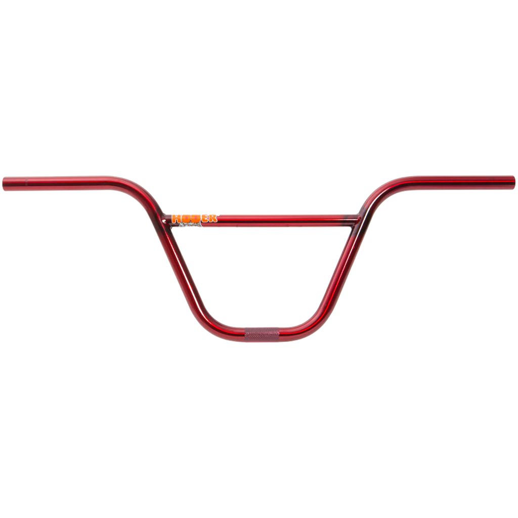 The S&M Hoder High Bar BMX handlebars in red feature a sturdy crossbar and are made with durable CrMo tubing, showcasing a small logo near the center.