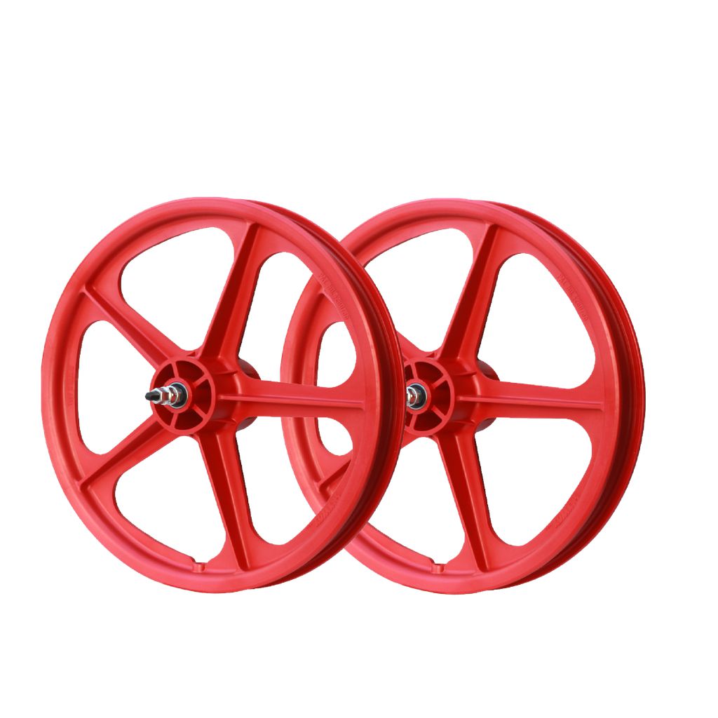 A pair of red Skyway Tuff 5 Spoke 16 Inch Wheelset enhanced with sealed bearings for 16" bikes.