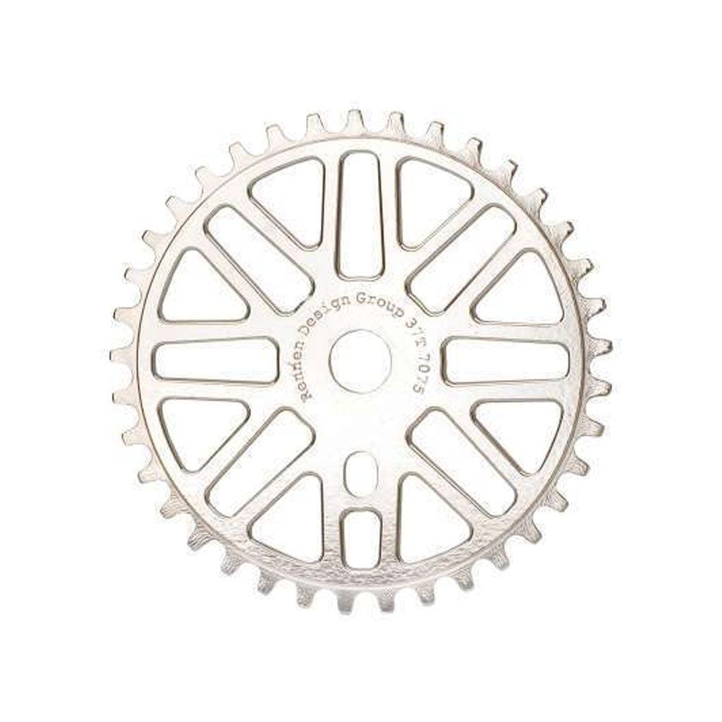 Circular metal gear with evenly spaced teeth and a series of cut-out patterns along the inner section. Crafted from 7075-T6 Aluminium, this Rennen Alloy Race Sprocket 44T (19mm) features text reading "Portland Design Group 31T/705".