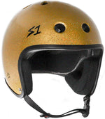 A S-One Helmet Retro Lifer Gold Gloss Glitter with ventilation holes, a black interior, and a chin strap, adorned with a black logo on the side. This multi-impact certified helmet features EPS Fusion Foam for superior protection and comfort.