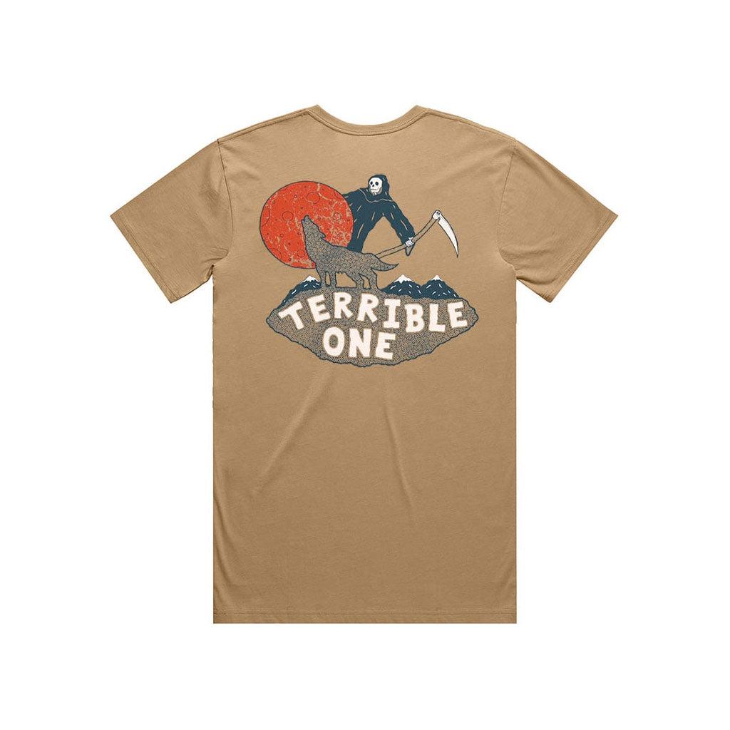 The Terrible One Ry Reaper T-Shirt showcases a Grim Reaper with a scythe, under a large red sun, and features "TERRIBLE ONE" text on the back.