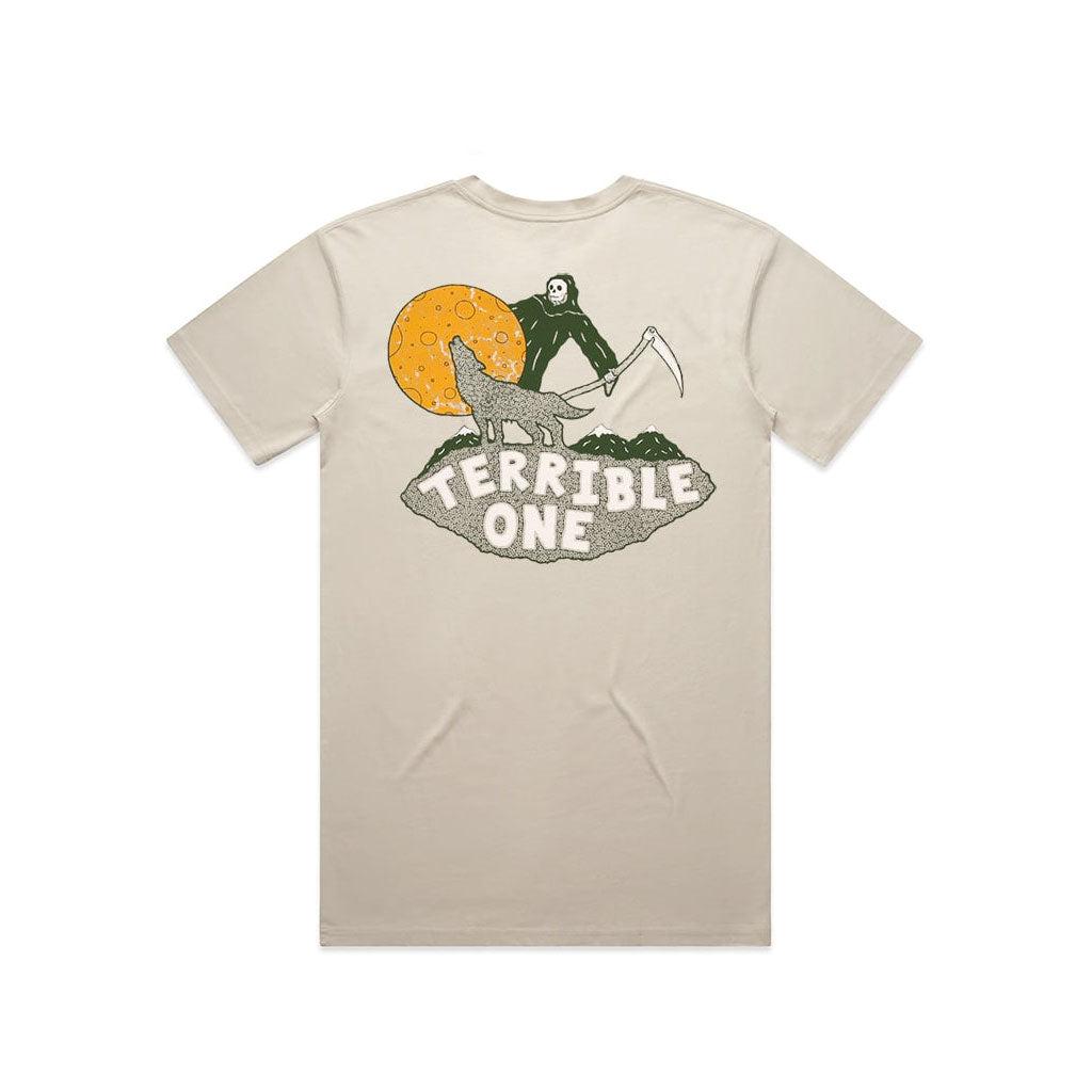 The Terrible One Ry Reaper T-Shirt features a grim reaper with a scythe against an orange moon and the text "Terrible One," ideal for bold statement lovers.