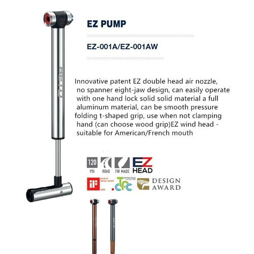 The Beto High Pressure Alloy Road Pump is an efficient mini pump with a 120 psi capacity and a double head air nozzle. Its T-shaped grip and pressure folding design offer easy use, while the lever-less EZ Head suits American/French valves. It's innovative enough for a design award mention.