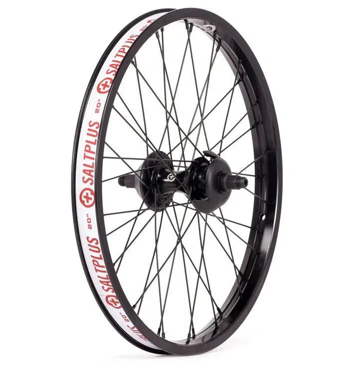 The Saltplus Summit 20 Inch Cassette Rear Wheel is a black bicycle wheel with red and white "SaltPlus" branding on the street rim.