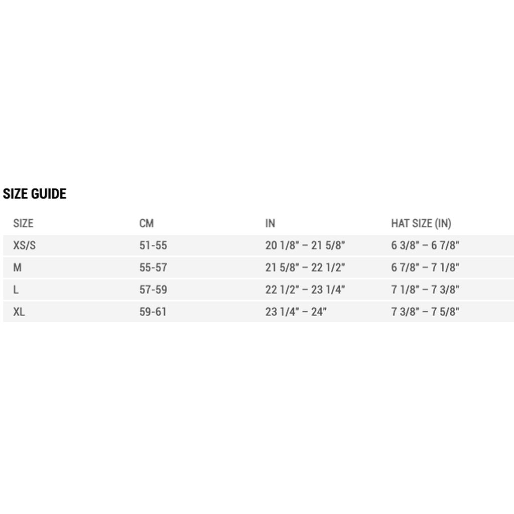 Bell Sanction 2 DLX MIPS Alpine Matte Black displaying a lightweight helmet size guide by size labels (xs/s to xl), measurements in centimeters, inches, and helmet size in inches.