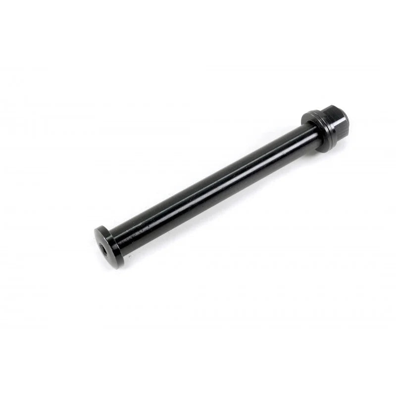 The SD Ace 15mm x 130mm Thru Bolt is a black cylindrical metal rod featuring a hexagonal cap on one end and a flat round base on the other, specifically designed to accommodate 15mm thru-bolt systems.