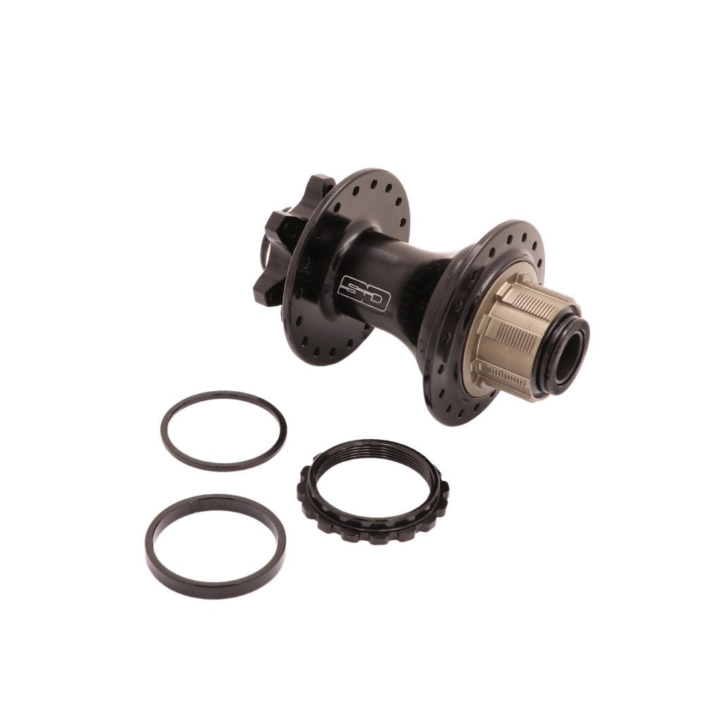 The SD Ace Pro Thru-bolt Rear Disc Hub, shown with two washers and a lockring on a plain background, is disk brake compatible and designed with a 15mm through axle for reliability.