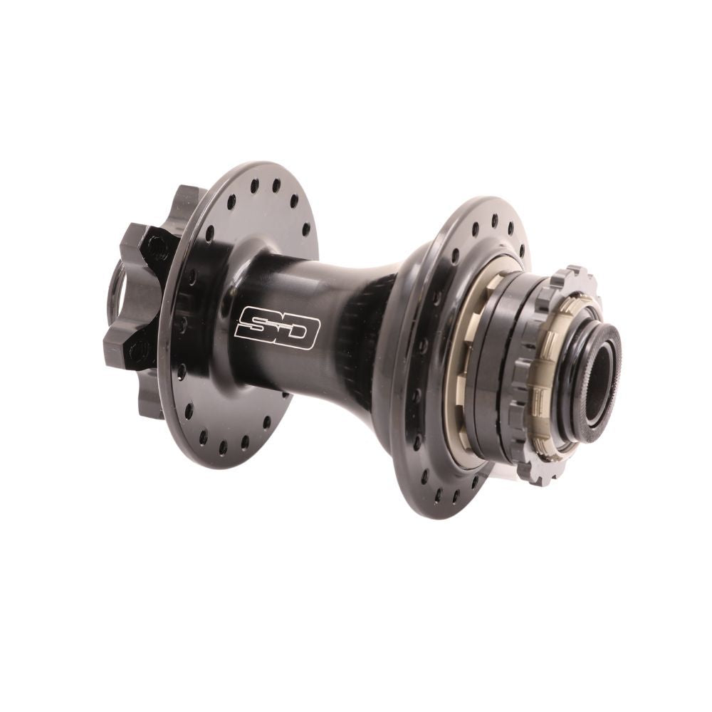 Close-up of the SD Ace Pro Thru-bolt Rear Disc Hub in black, with multiple holes on its flanges and metal components, featuring a CNC machined aluminum hub shell, isolated on a white background.