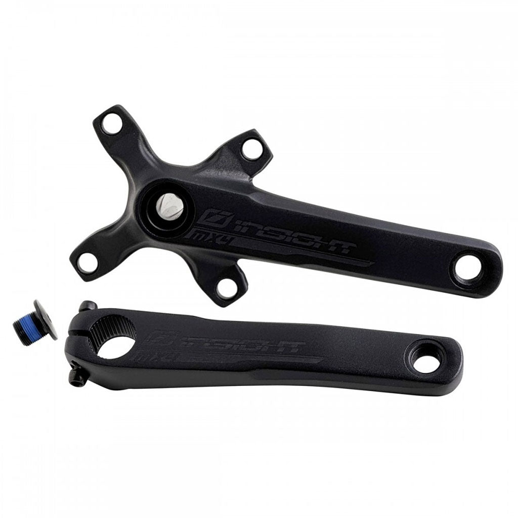 Insight MX4 Cranks for BMX Racing, featuring alloy spindle crank arms. One arm includes a four-arm spider, while the other has a bolt hole for pedal attachment. A small blue and black bolt is shown separately.