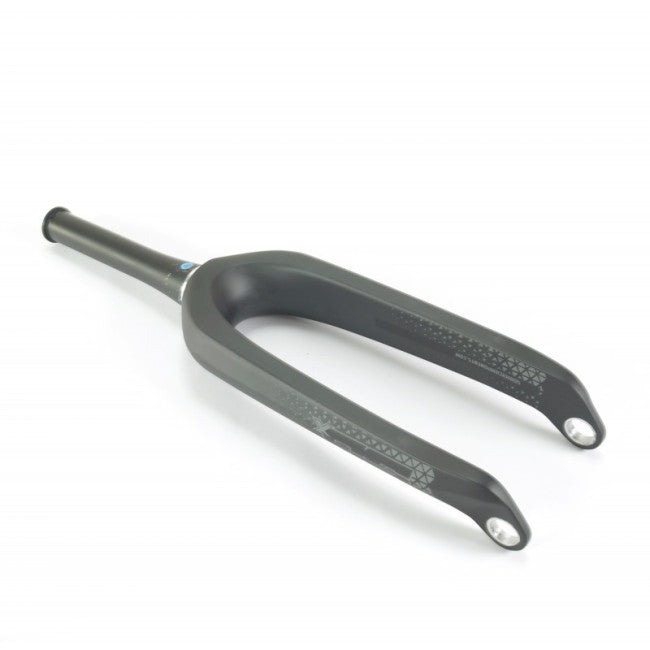 A black SD Pro Tapered 1.5 V2 Carbon Fork 20 Inch 20mm BMX racing bicycle fork, featuring a tapered steerer tube and geometric patterns on the fork legs, is displayed against a plain white background.