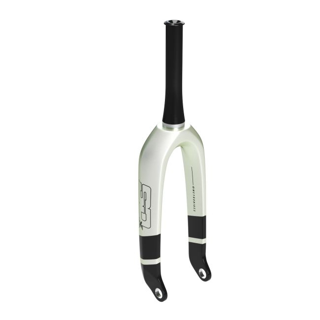 The SD Expert 1 1/8 V2 Carbon Fork 20 Inch 10mm is a front suspension fork for bicycles, designed with a sleek white and black aesthetic, featuring branding and attachment points at the base. It is compatible with Meybo frames and offers a lightweight carbon construction.