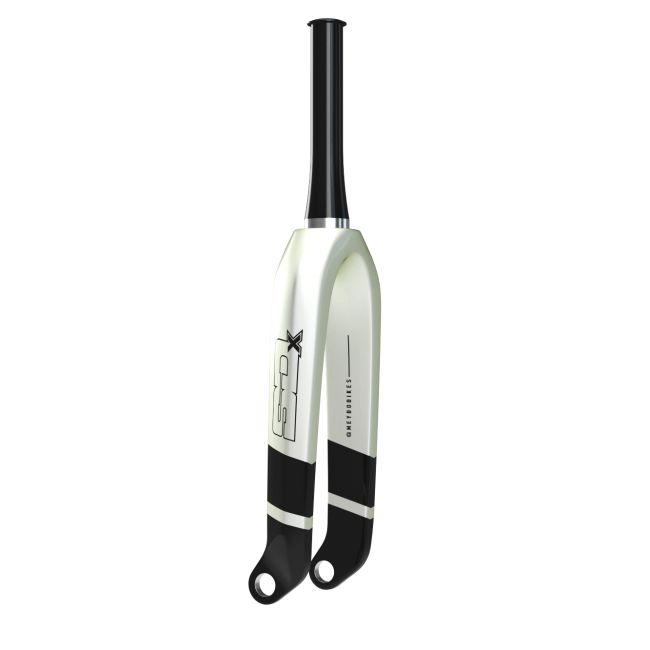 The SD Expert 1 1/8 V2 Carbon Fork 20 Inch 10mm is a white and black bicycle front fork featuring the GP and Greenerides logos, compatible with Meybo frames, and designed for steering and front-wheel attachment.