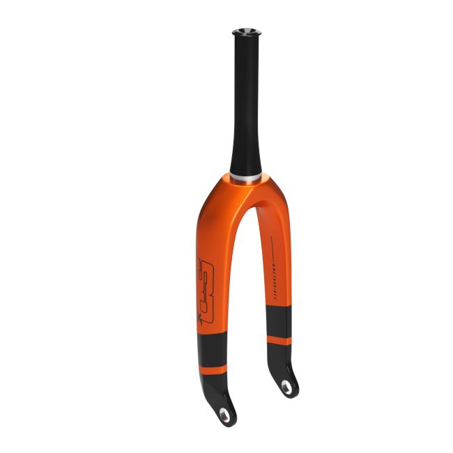 An SD Expert 1 1/8 V2 Carbon Fork in orange and black, 20-inch, upright and isolated on a white background.