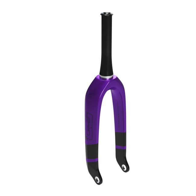 The SD Expert 1 1/8 V2 Carbon Fork 20 Inch 10mm, featuring a stylish purple design with black highlights, is expertly crafted for front wheel attachment and perfectly complements Meybo frames or other carbon forks.