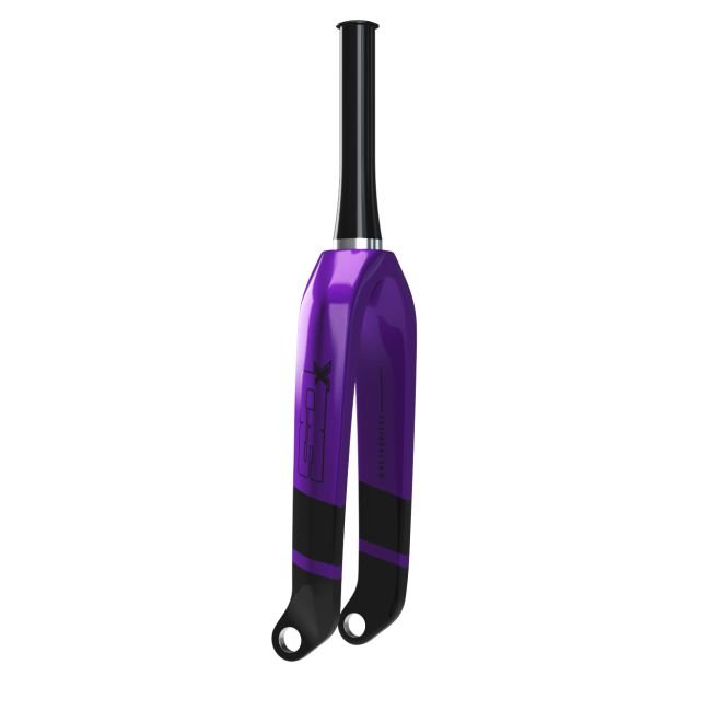 Image of the SD Expert 1 1/8 V2 Carbon Fork 20 Inch 10mm in purple and black, standing upright, designed for the front wheel of a bike, perfectly complementing Meybo frames.