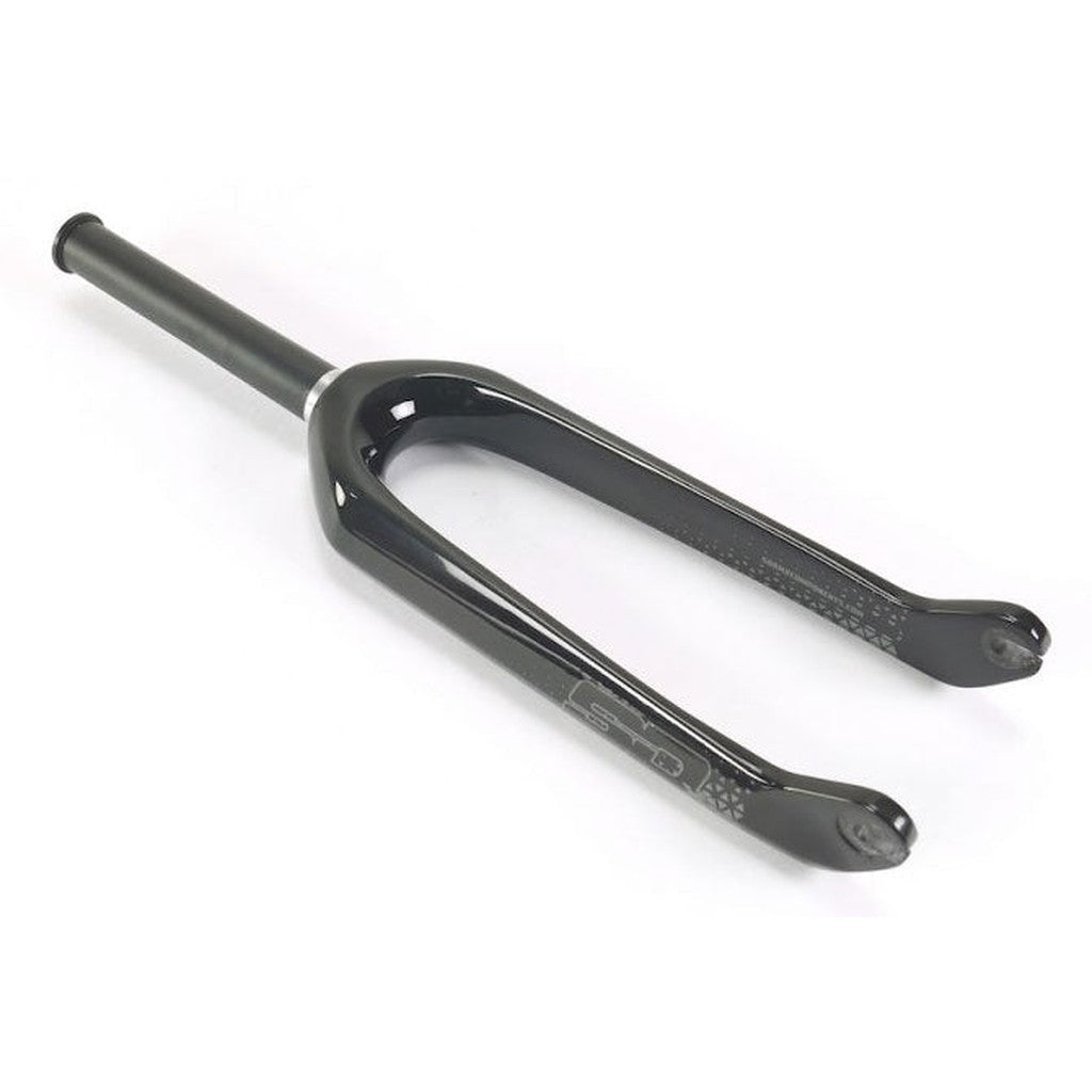 The SD Carbon 20 Inch Fork Expert 1 1/8 is a black carbon fiber fork with a straight steerer tube and dual dropouts for front wheel attachment, engineered to enhance performance for the frame rider.