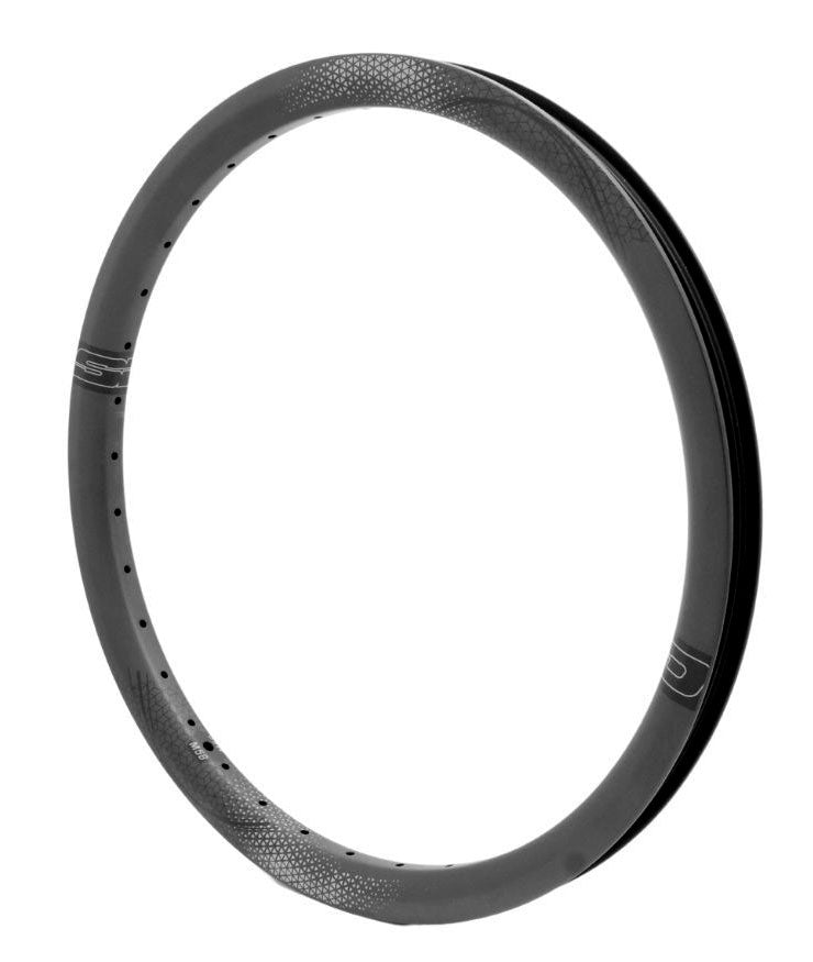 A black SD-X M58 V2 Carbon Race Rim Brakeless with a smooth surface and small decorative markings is shown against a white background, capturing the high-performance essence of the famed Meybo HSX.