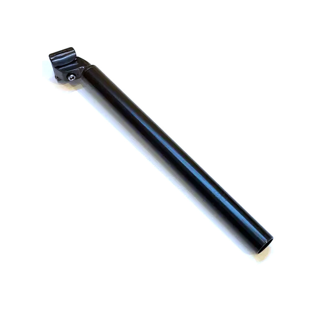 A sleek Micro Adjust Seat Post 400mm in black alloy, featuring a micro-adjust clamp, is shown against a crisp white background.