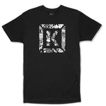 The Kink Archive T-Shirt is a black, premium cotton tee with a tailored fit, showcasing graphic abstract patterns and illustrations within a large front square.