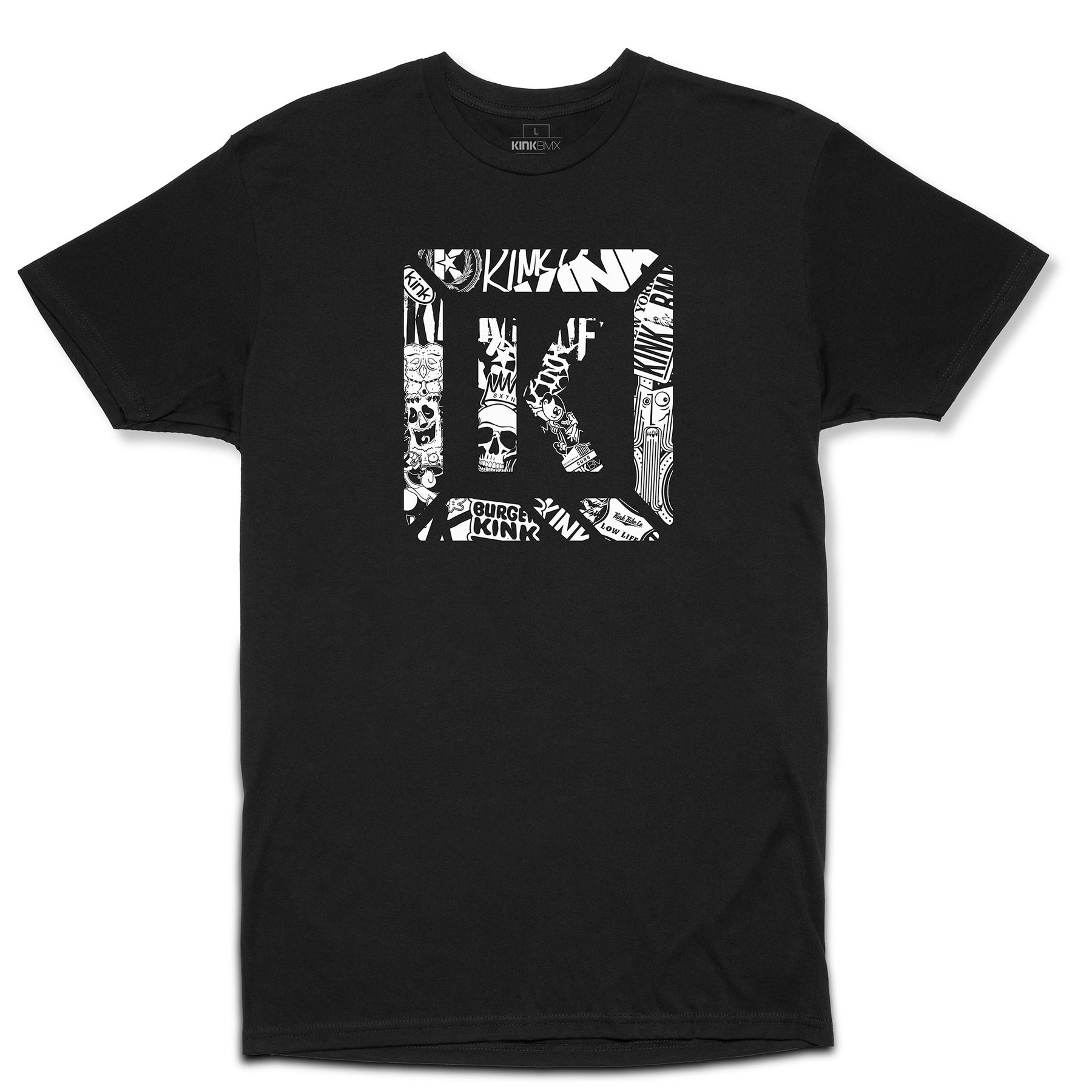 The Kink Archive T-Shirt is a black, premium cotton tee with a tailored fit, showcasing graphic abstract patterns and illustrations within a large front square.