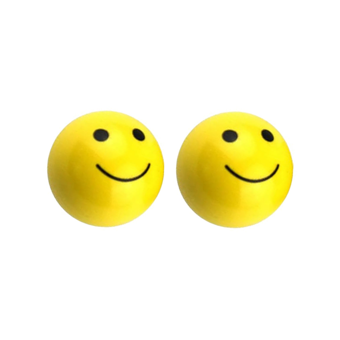 Two Smiley Valve Caps are positioned against a white background, adding a touch of fun with their yellow faces and black eyes. Resembling playful balls for a bike, they bring whimsical charm to any setting.