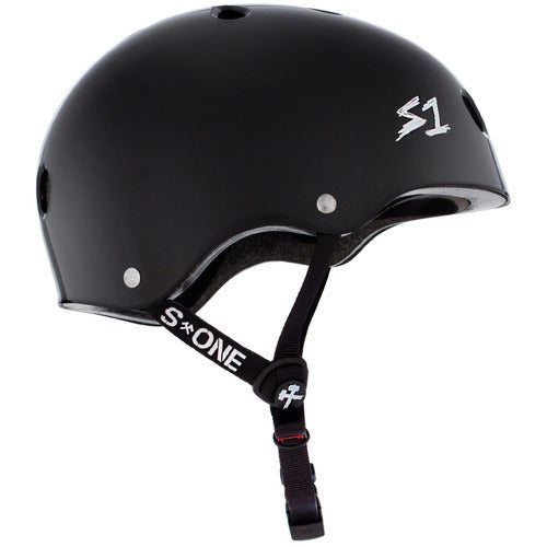 A S-One Helmet Lifer Black Gloss with a smooth finish and a chin strap is depicted. Multiple ventilation holes are visible on the top and sides of this multi-impact, Australian-certified helmet.