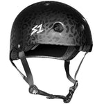 A S-One Helmet Lifer Black Leopard with a leopard print pattern, featuring a white "S1" logo and an adjustable chin strap.