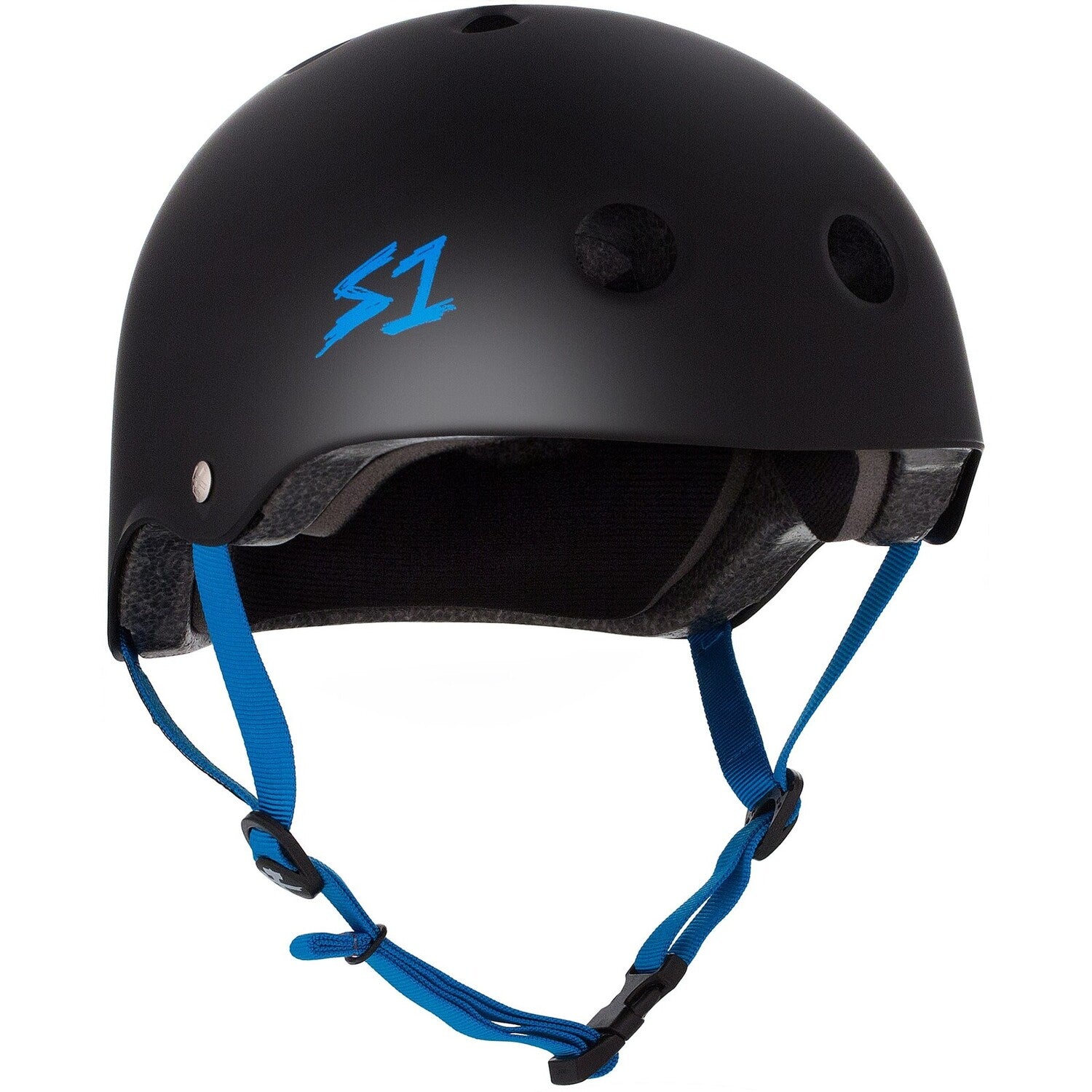 A S-One Lifer Helmet in Black Matte with Cyan Straps and a cyan "S1" logo on the side.