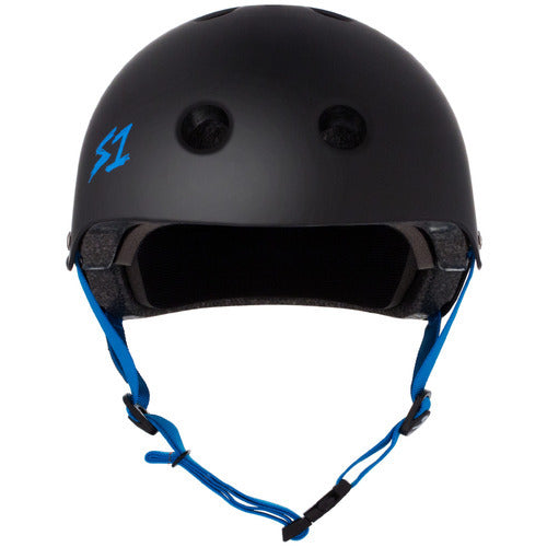 A black matte S-One Lifer helmet featuring cyan adjustable straps and ventilation holes, viewed from the front.