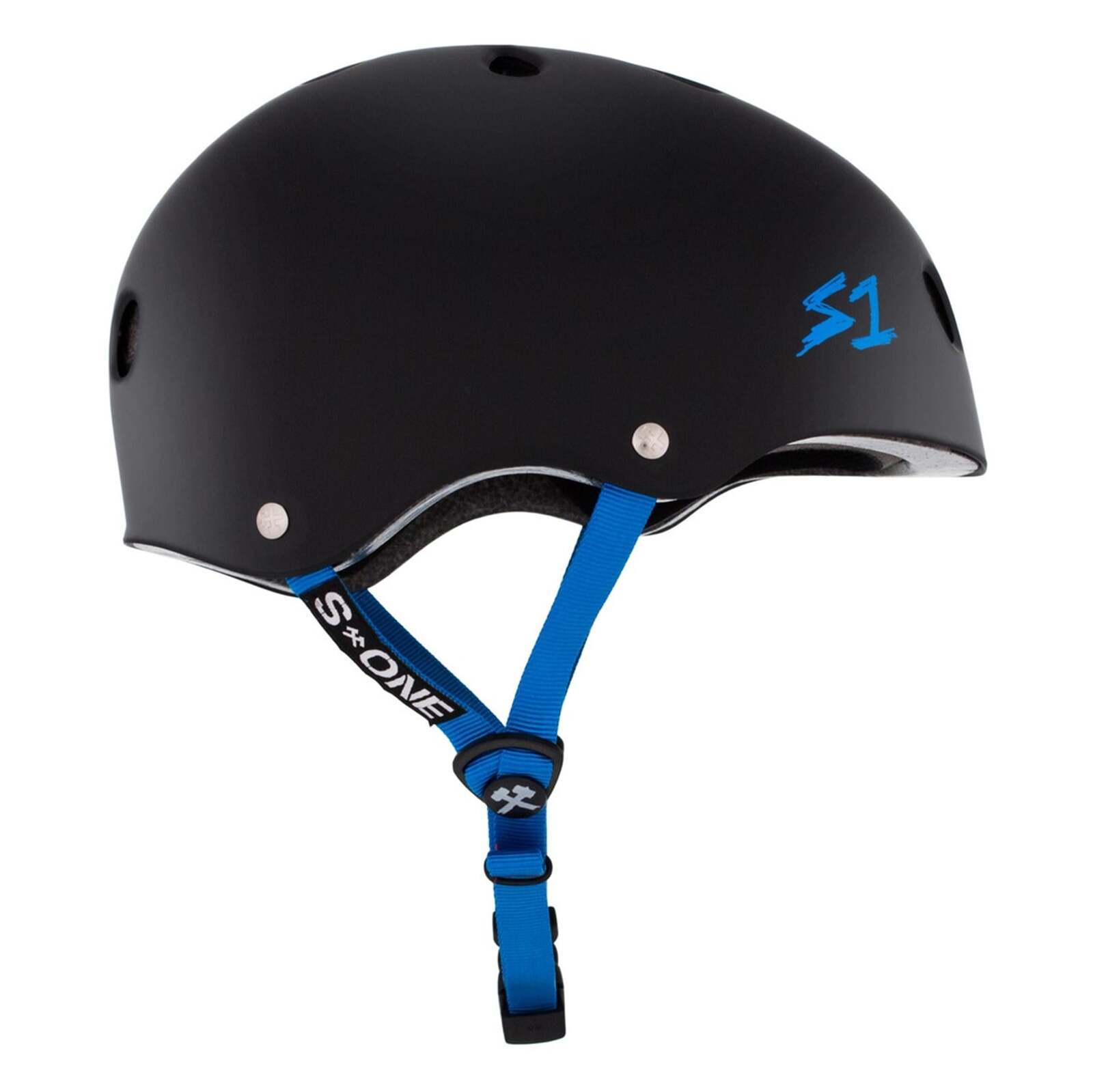 A Black Matte S-One Lifer helmet with cyan straps and the "S1" logo in blue.