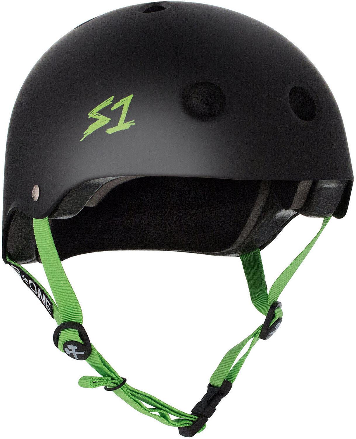 The S-One Helmet Lifer in Black Matte with Green Straps features a bold green "S1" logo on the side and provides certified high impact protection, combining style with safety.