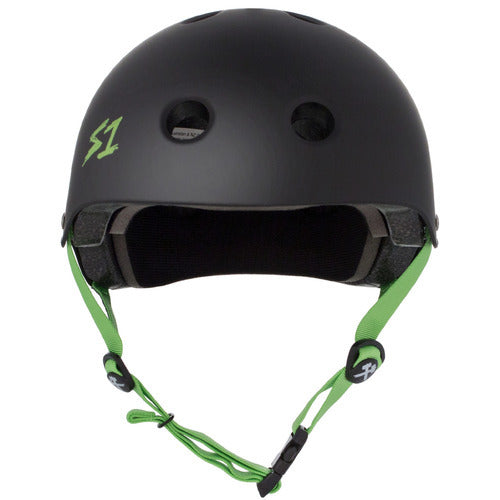 The S-One Helmet Lifer, featuring a sleek black matte design with green straps, delivers a customizable fit through its adjustable straps and ventilation holes for optimal comfort. Engineered for multiple impact protection, it ensures safety without sacrificing style.