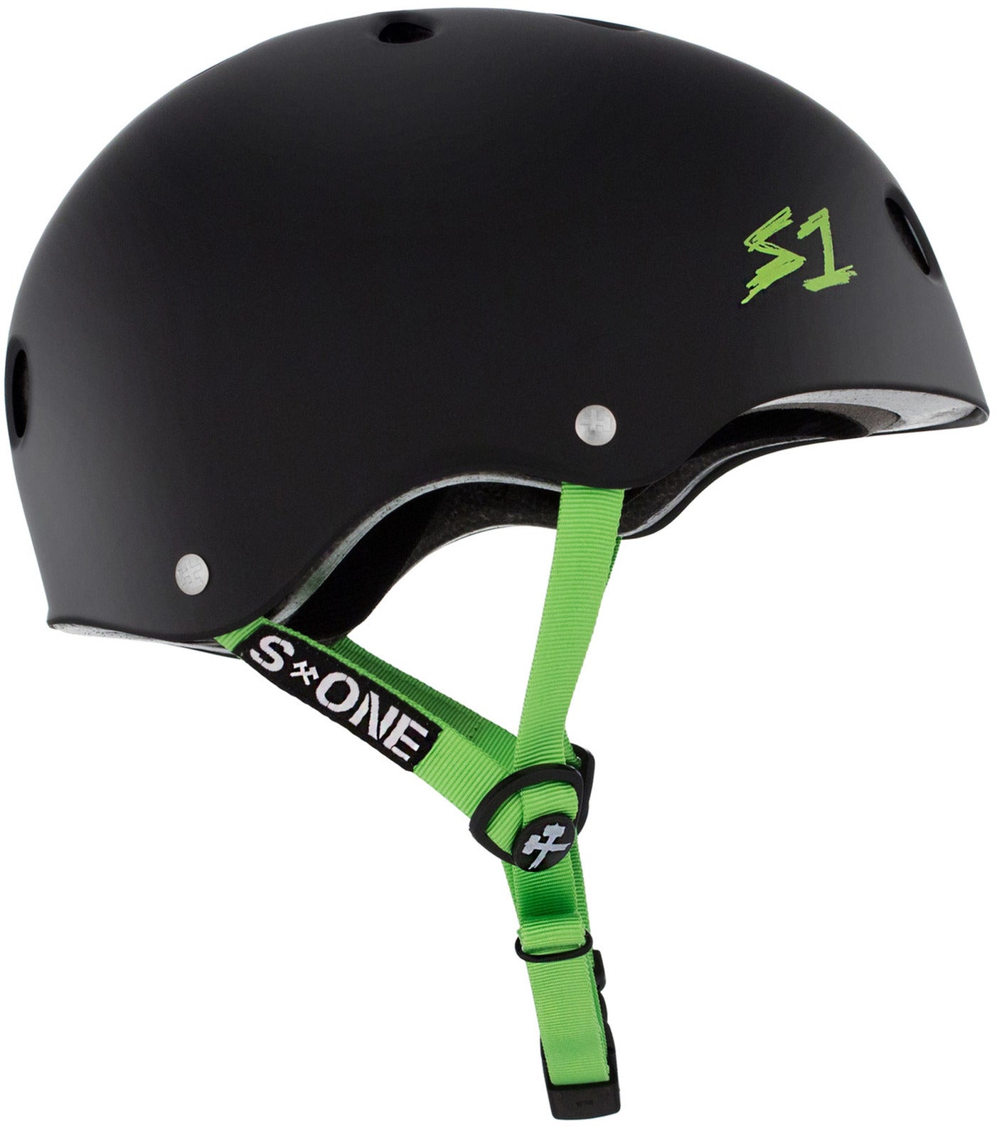 The S-One Helmet Lifer in Black Matte with Green Straps is a safety helmet featuring the "S1" text and a green strap adorned with the "S-ONE" logo, providing excellent head protection and multiple impact protection for all your safety needs.