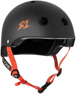 The S-One Helmet Lifer in Black Matte with Orange Straps showcases vibrant orange straps and ventilation holes on top, designed with Multiple Impact Protection using EPS Fusion Foam for enhanced safety.