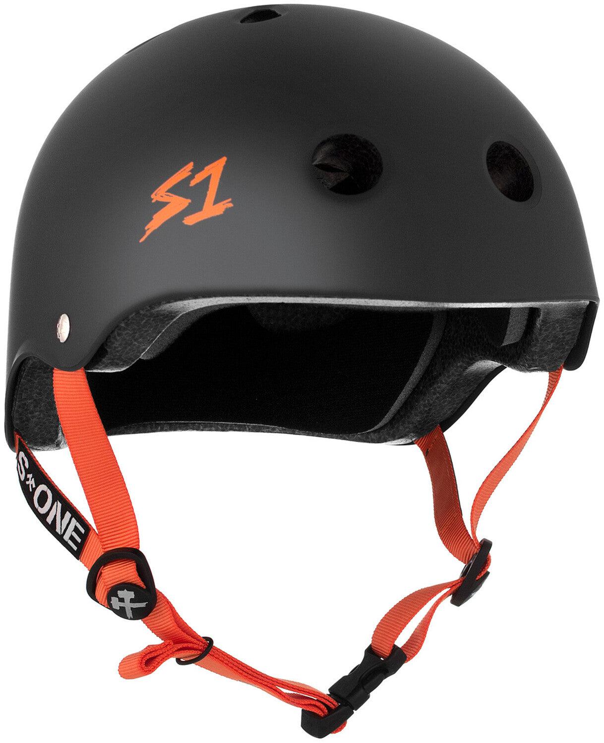 The S-One Helmet Lifer in Black Matte with Orange Straps features EPS Fusion Foam for exceptional multiple impact protection, along with ventilation holes to ensure comfort and safety during your ride.