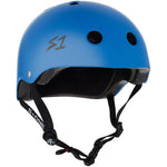 A S-One Helmet Lifer Cyan Matte with ventilation holes, adjustable black chin straps, and "S1" branding on the side. This Australian-certified helmet comes with free sizing kits to ensure the perfect fit.