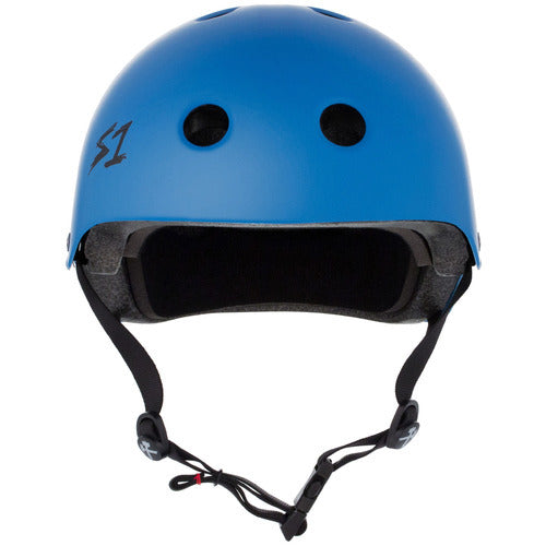 The S-One Helmet Lifer Cyan Matte is a blue protective helmet with black trim, three ventilation holes, and a black adjustable chin strap. This Australian-certified helmet is designed for multi-impact protection.